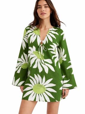 LOFT Beach Green Floral Daisy Long Bell Sleeve Linen Blend Dress Swim Coverup